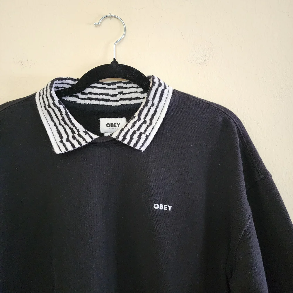 Obey Black Striped Collared Sweatshirt Embroidered Size M Grunge Goth - Picture 2 of 7